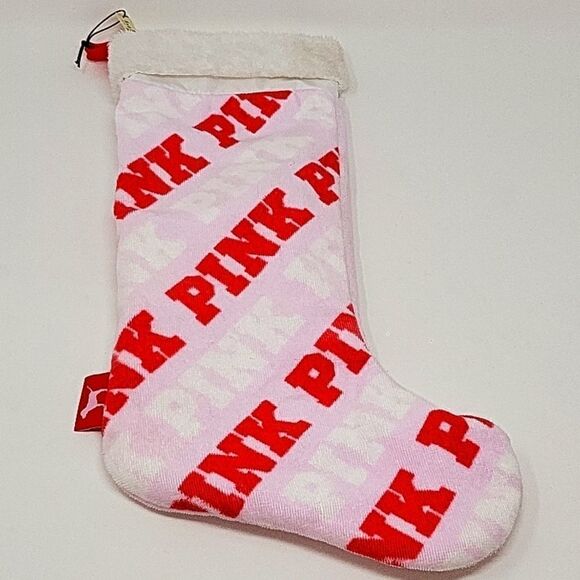 VICTORIA'S SECRET PINK RED LOGO WHITE FUZZY STOCKING - Picture 1 of 1